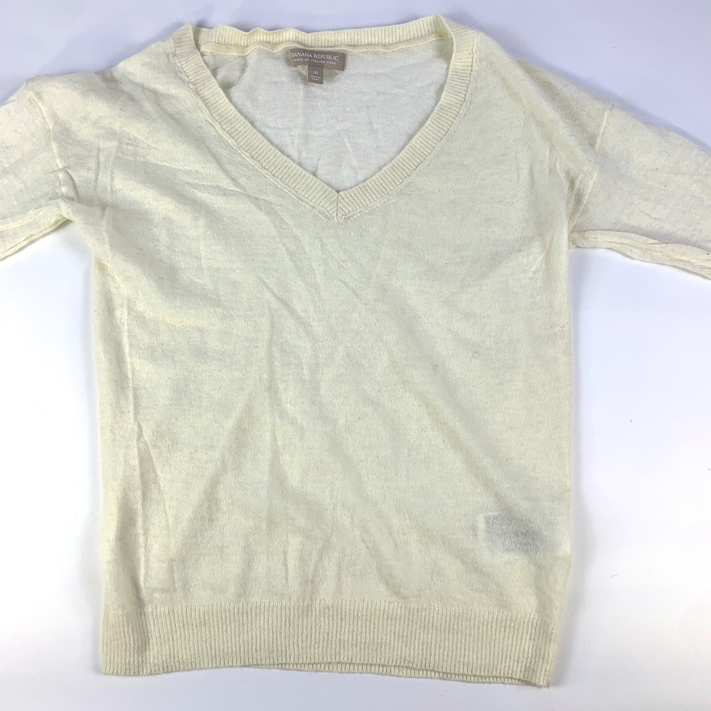 Banana Republic V Neck Sweater Womens Sz M Cream 3/4 Sleeves Wool Alpaca Italian